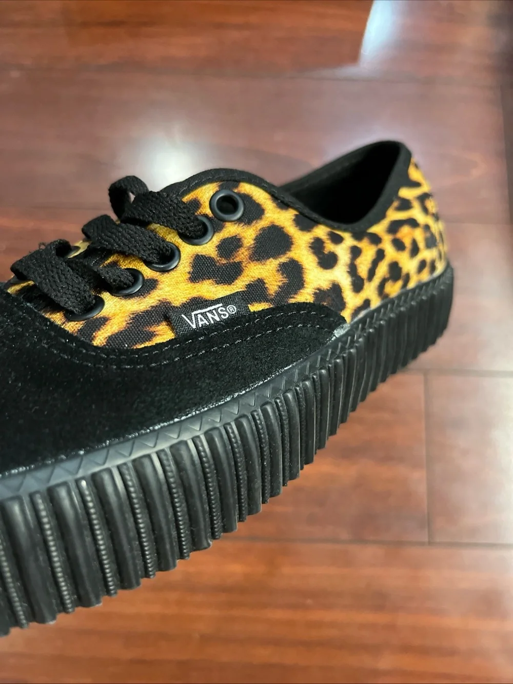 Womens 8 Vans Authentic Creeper Leopard Black Canvas Suede Shoes New HALF BOX